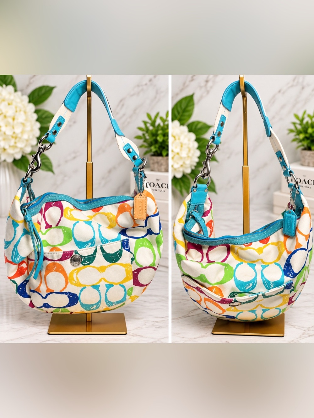Coach Multicolor Circle-Print Hobo with Turquoise Trim Y2K scribble 5653 Hampton
